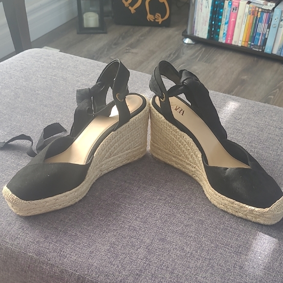 Zara Black Espadrille Wedge Sandals with Ankle Wrap - Picture 2 of 8